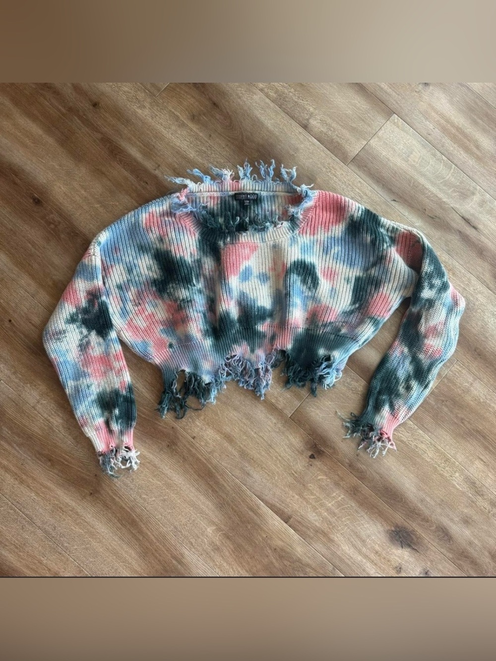 Distressed Tie-Dye Cropped Sweater - Pink & blue